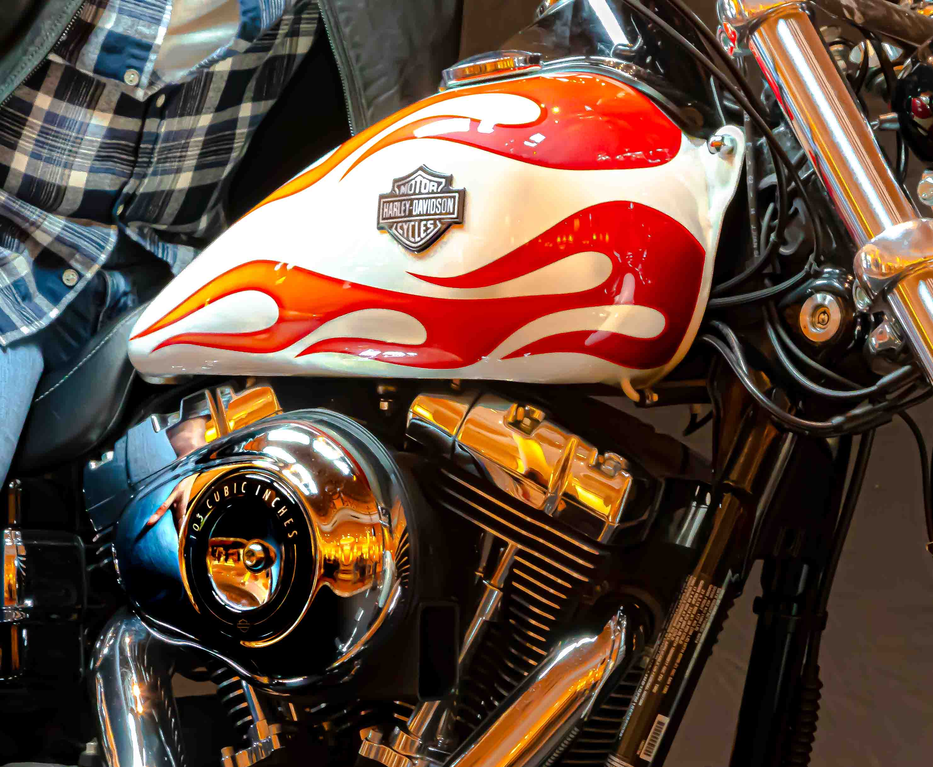 Harley-Davidson gas tank — flame paint and 103 cubic-inch engine detail